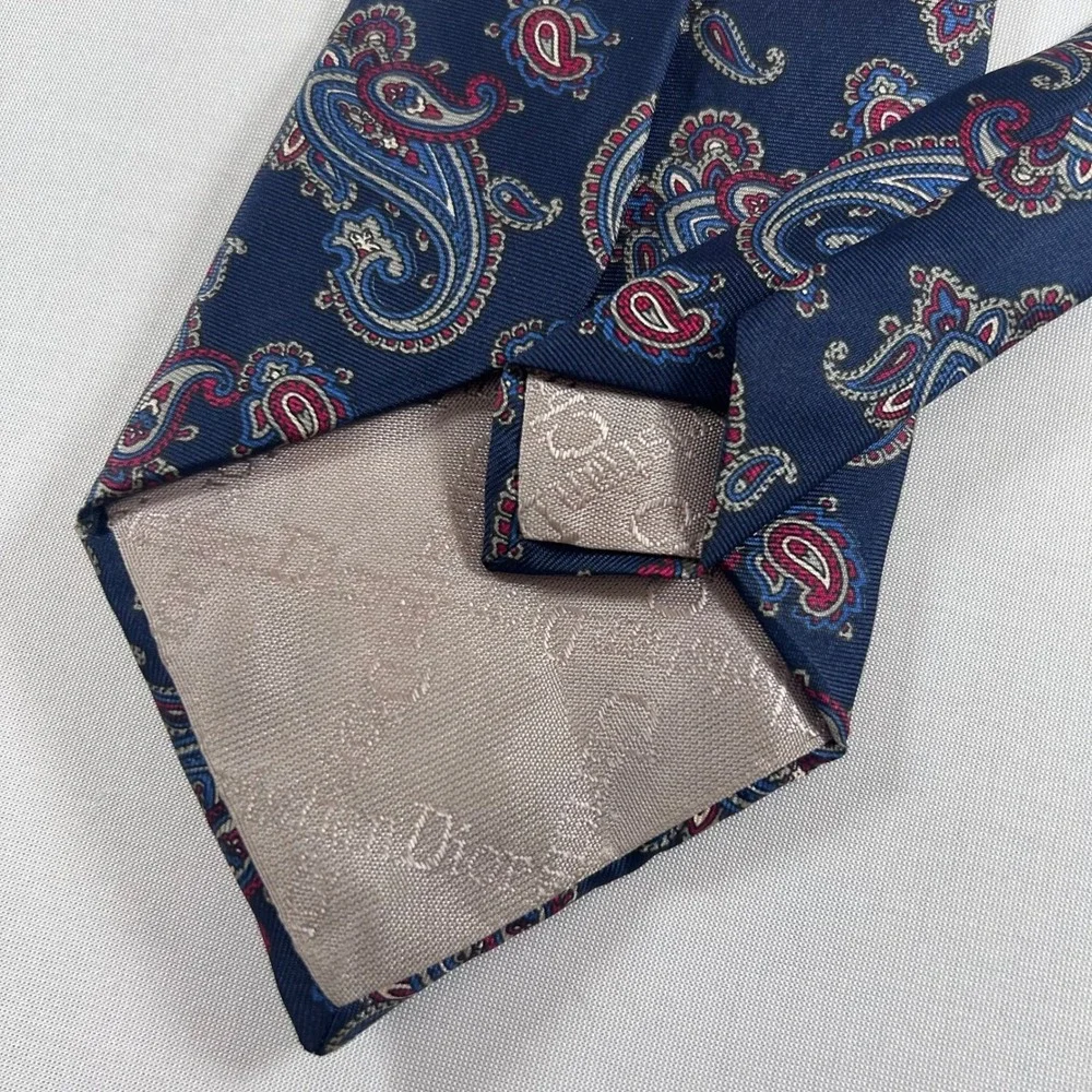 Christian Dior Necktie Mens Navy Blue Paisley 100% Silk Woven Italy Made in USA